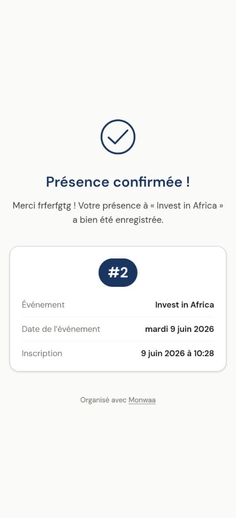 Écran de confirmation de présence sur mobile